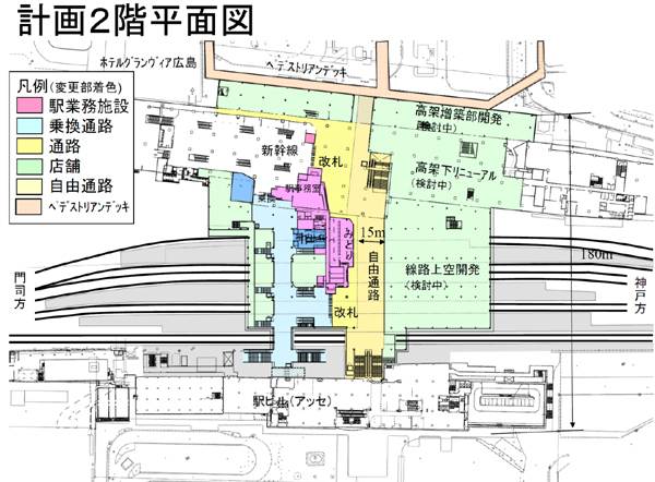 広島駅・橋上駅工事とエキナカ計画、ビフォーアフター 図面