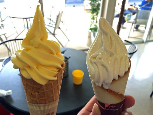 クレミアソフトクリームと、瀬戸田ご当地みかんソフトが美味