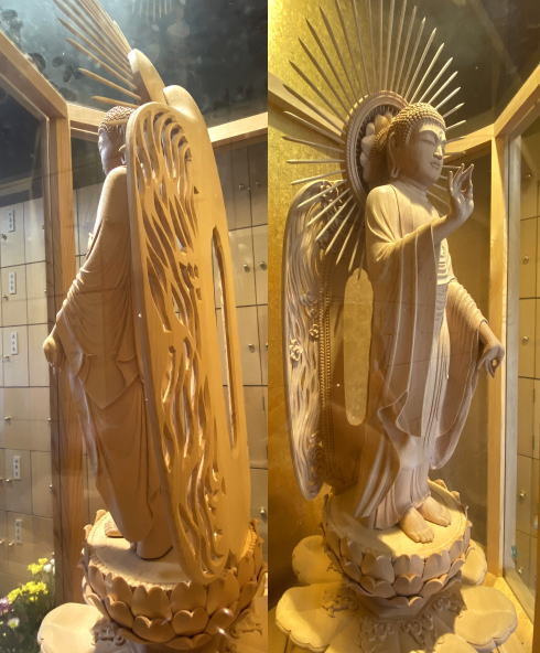 専光寺（福山市）に秋川雅史さん制作・木彫刻の阿弥陀如来像