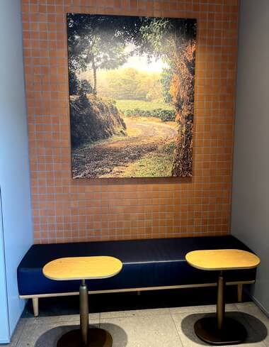 福山サービスエリア・下り線、スターバックスコーヒー店内の雰囲気と壁の絵