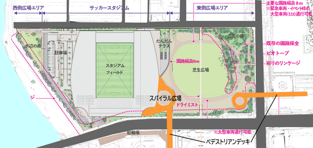 エディオンピースウイング広島、新サッカースタジアムと中央公園の配置図