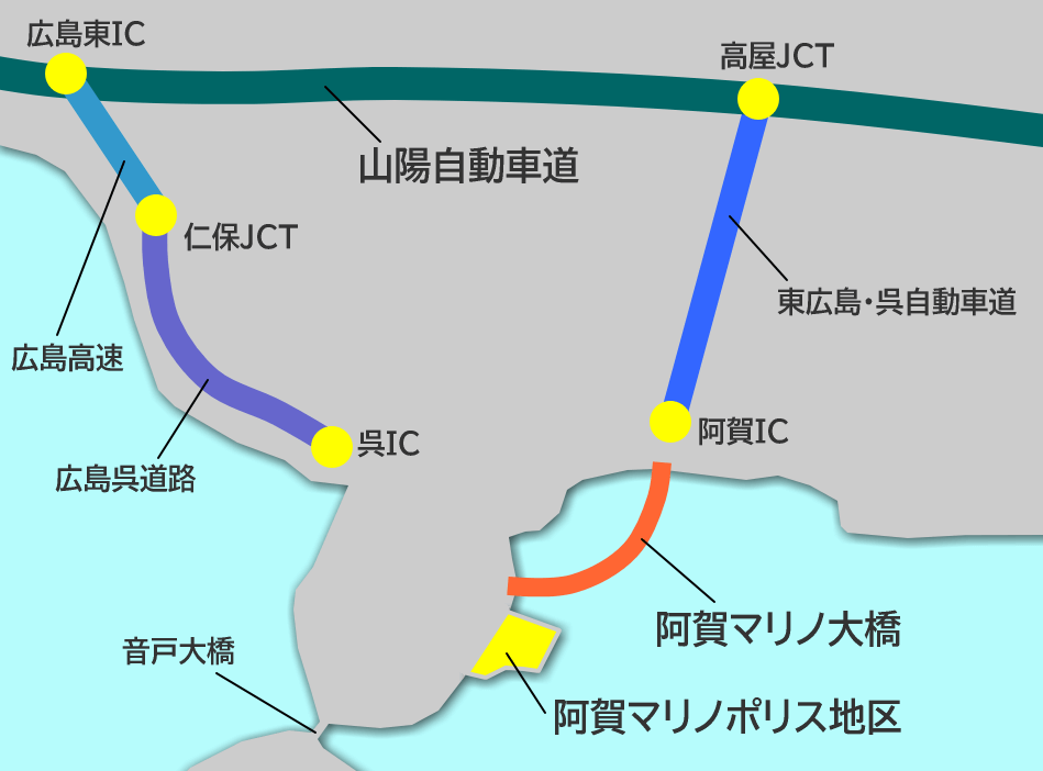阿賀マリノ大橋と、阿賀マリノポリス地区（地図）