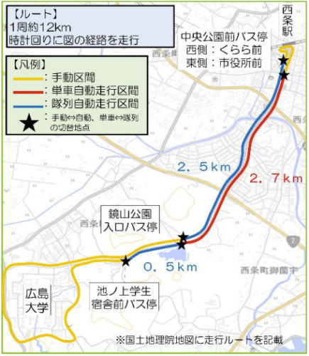 東広島市 自動運転・隊列走行尾BRT 実証実験ルート