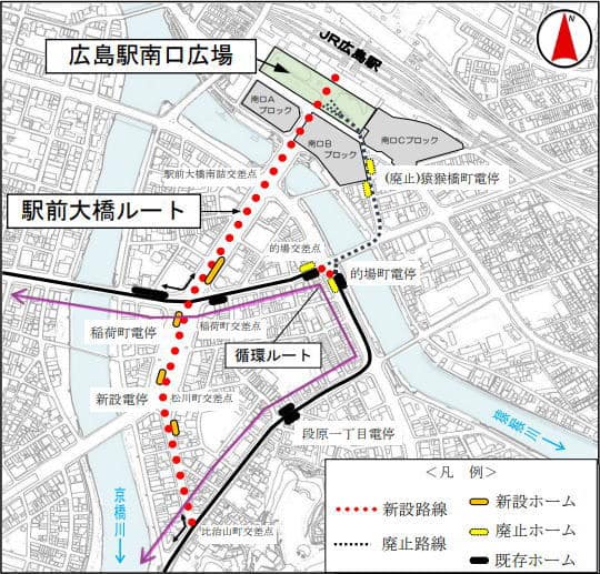 広島電鉄の路面電車「駅前大橋線」新ルートは広島駅-比治山交差点までの1km（地図）