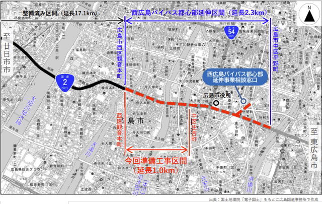 西広島バイパス 延伸部分と準備工事区間マップ